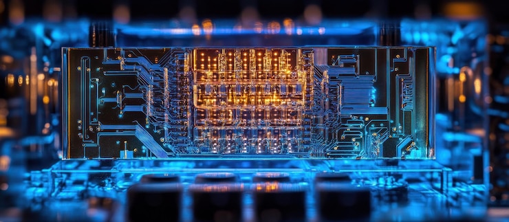 PSD closeup of illuminated circuit board