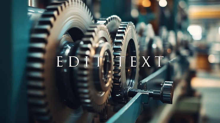 PSD closeup of industrial metallic gears meshing and rotating within a machine