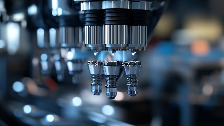 PSD closeup of industrial robotic arm with multiple nozzles