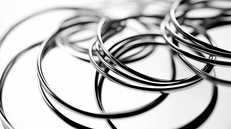 PSD closeup of intertwined metallic rings reflecting light creating abstract shapes and textures