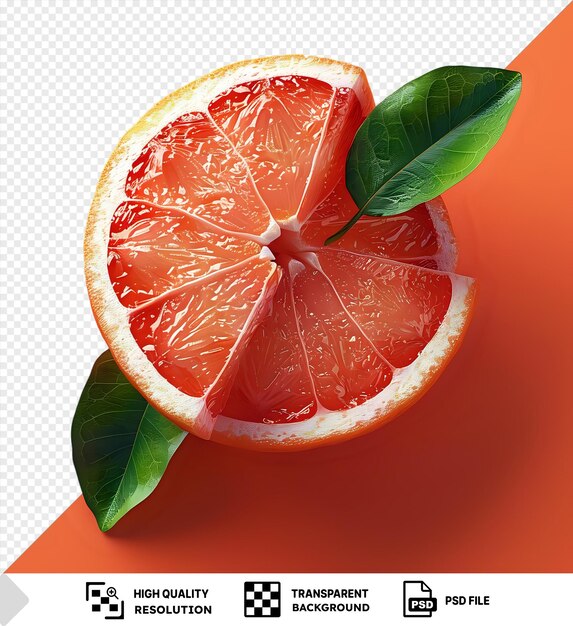 Closeup of a juicy grapefruit slice with vibrant green leaves on an orange isolated background psd p