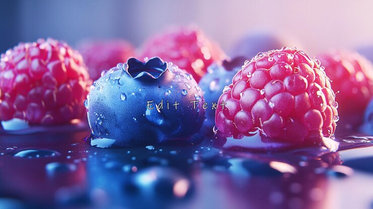 PSD closeup of juicy raspberries and blueberries with water droplets