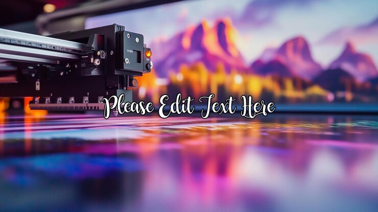 PSD closeup of large format printer head printing vibrant landscape image