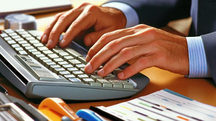 PSD closeup of male hands typing on a keyboard at a desk
