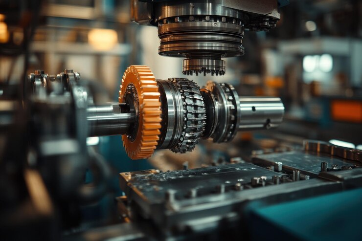 PSD closeup of a metal gear being machined on a cnc machine