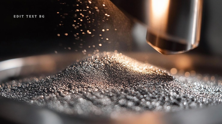 PSD closeup of metallic powder being dispensed from a machine into a container
