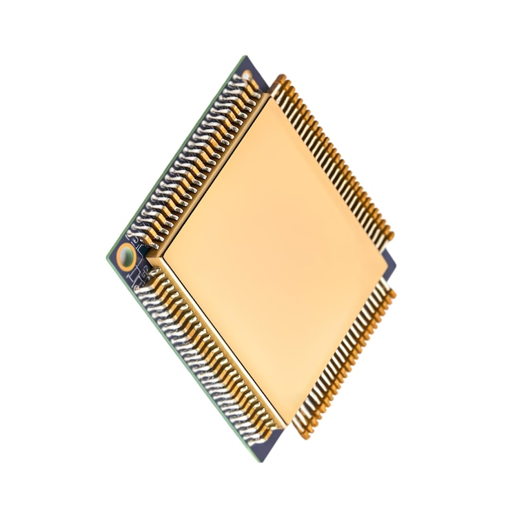 PSD closeup of microprocessor with gold pins isolated on white background