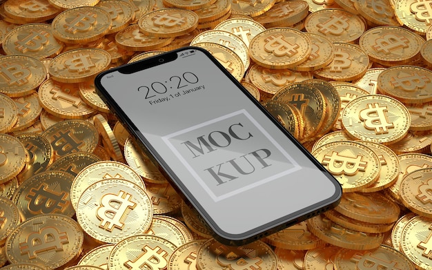 PSD closeup mobiele telefoon mockup leeg scherm en sommige fysieke bitcoins cryptocurrencies op een achtergrond. 3d-weergave. cryptocurrency munt logo 2p2 uitwisseling, blockchain-technologie