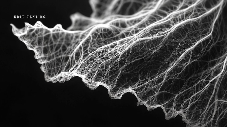 PSD closeup monochrome image of leaf veins intricate network delicate structure black background