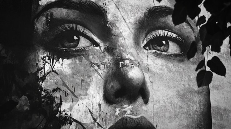PSD closeup monochrome portrait of a womans face partially obscured by foliage showing textured skin and intense gaze