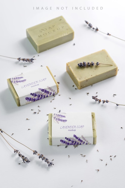 Closeup of natural herbal soap mockup with lavender flowers