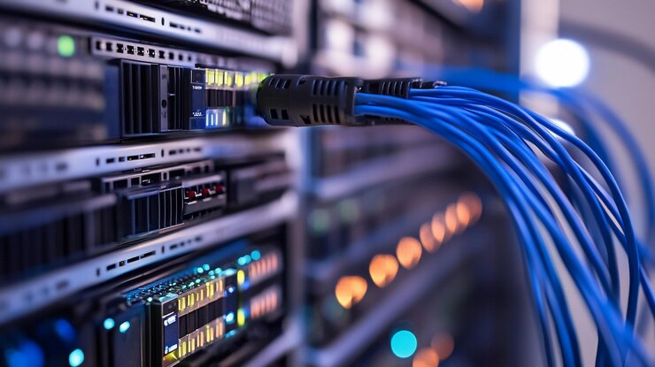 PSD closeup of network server rack with blue cables