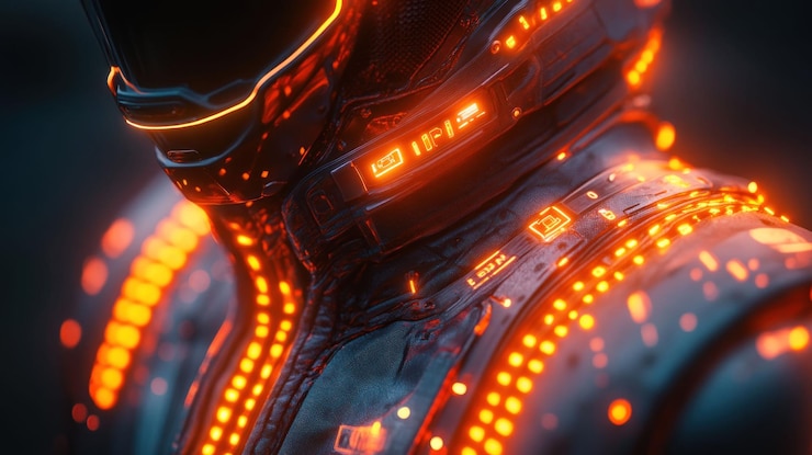 PSD closeup of a futuristic astronaut suit with glowing orange lights