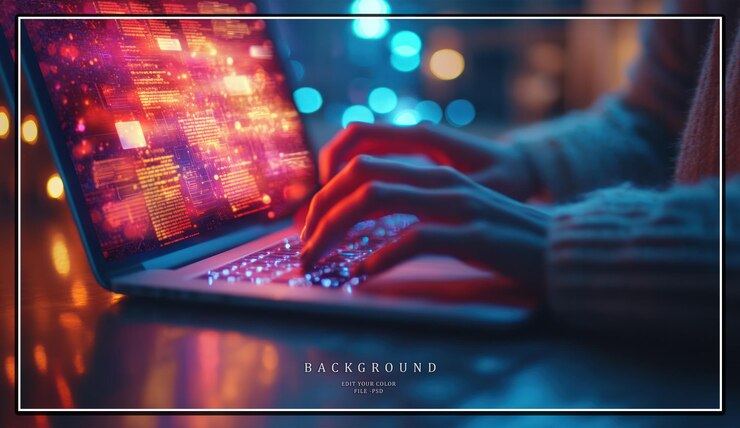 PSD closeup of female hands typing on laptop keyboard with colorful lights in the background