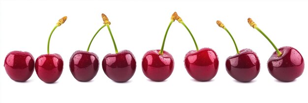 closeup of red cherries in diagonal line on transparent background cherries overlap symmetrical