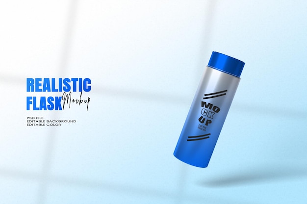 closeup of reusable steel water flask editable color editable background with copy space water flask mockup