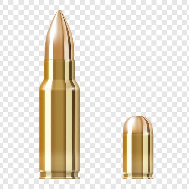 Closeup of Two Different Ammunition Cartridges isolated on transparent background