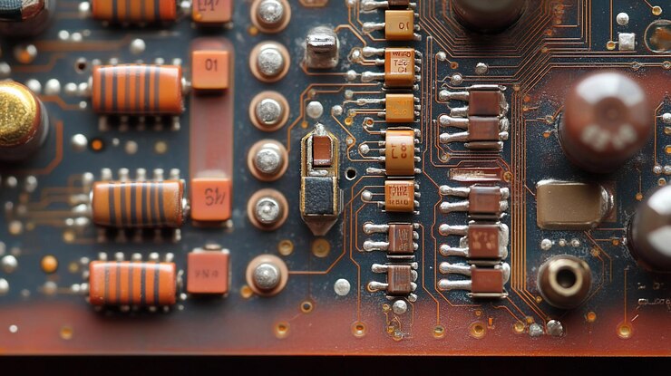 PSD closeup of an old dusty circuit board with various electronic components