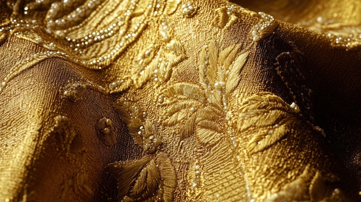 PSD closeup of ornate golden fabric with embroidery