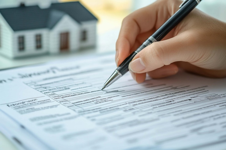 PSD closeup of a person signing a document related to home purchase a hand holds a pen filling out a form with a miniature house in the background