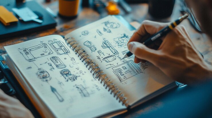PSD closeup of person sketching design ideas in a notebook