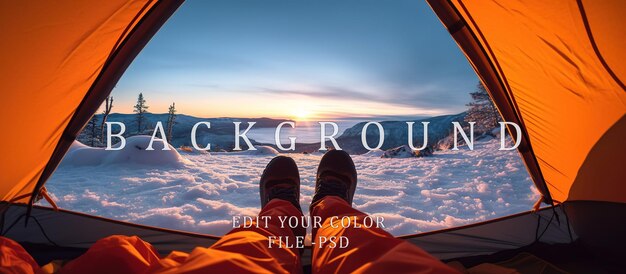 PSD closeup photo of feet in tent sunset camping snow icebergorange blue light