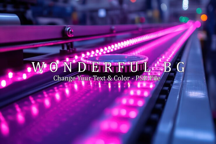 PSD closeup of a pink led light strip on a conveyor belt in a factory
