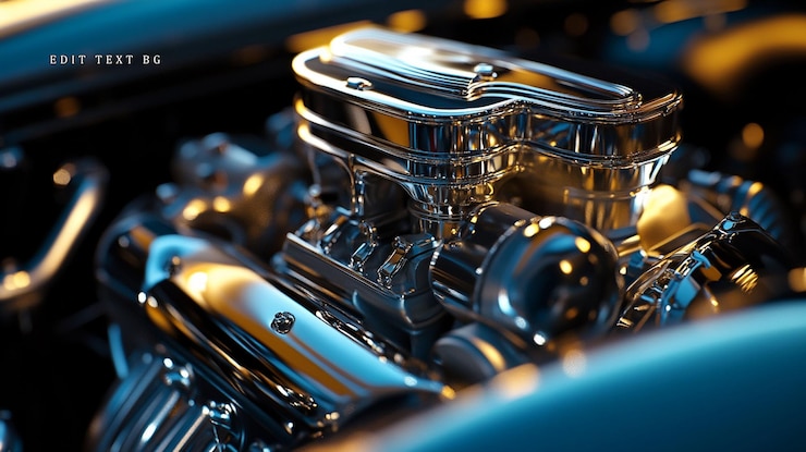 PSD closeup of a polished chrome engine detailed and gleaming under dramatic lighting