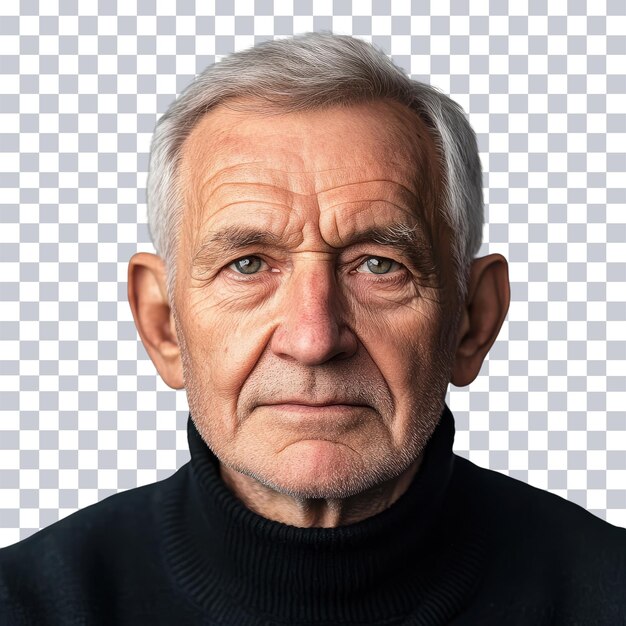 closeup portrait of an elderly man with gentle eyes for compassionate themes on transparent background