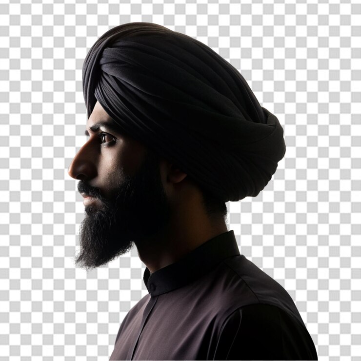 PSD closeup portrait of a gorgeous pensive darkhaired male in the headwear gazing into the distance