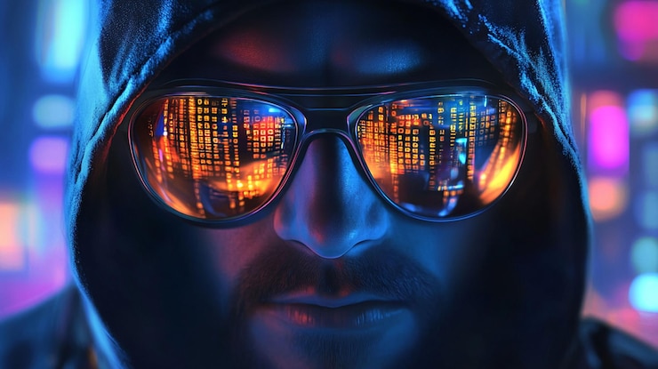 PSD closeup portrait of a hooded man wearing reflective sunglasses showing a digital cityscape reflection