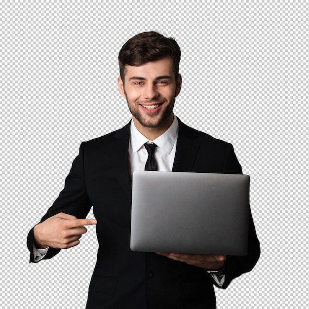 Closeup portrait of cheerful businessman pointing with finger on his laptop computer