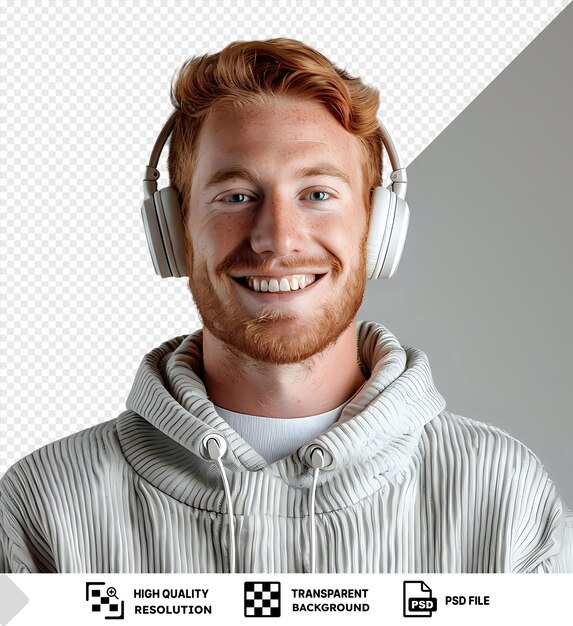 Closeup portrait of a smiling handsome guy with short ginger hair wearing the in ear headphones standing in front of a white wall he has a large nose white teeth png psd