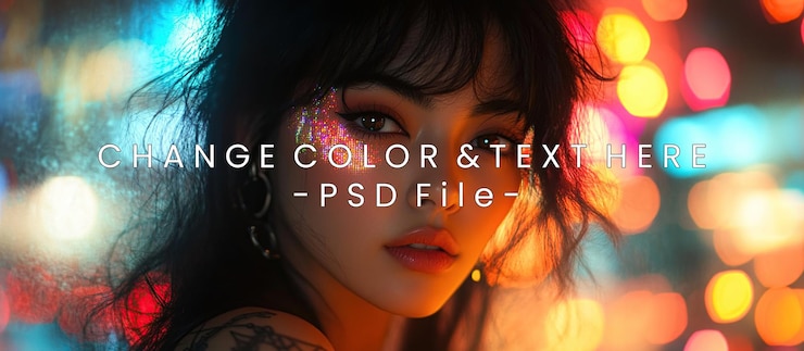 PSD a closeup portrait of a woman with vibrant makeup and colorful bokeh background
