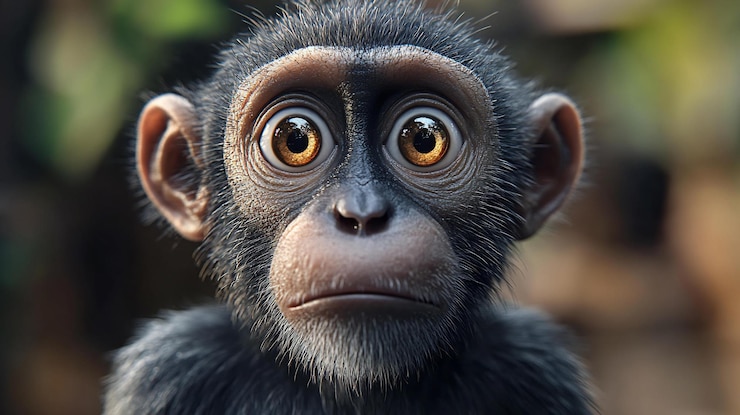 PSD closeup portrait of a young chimpanzee with large expressive eyes