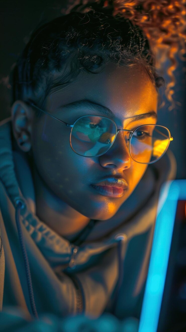 PSD closeup portrait of a young woman with glasses illuminated by warm and cool light looking at a glowing screen