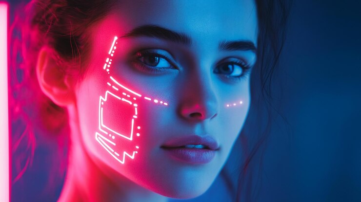 PSD closeup portrait of a young woman with neon pink circuit patterns on her face set against a dark blue background