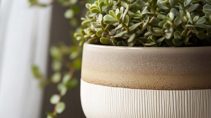 PSD closeup of a potted succulent plant in a textured ceramic planter