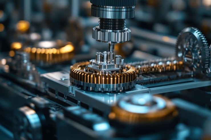 PSD closeup of precision machining process with gears and metal components