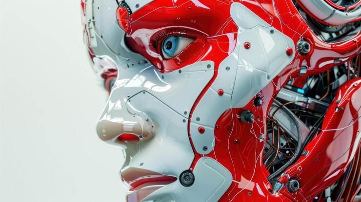 PSD closeup profile of a female android head red and white with visible internal mechanics