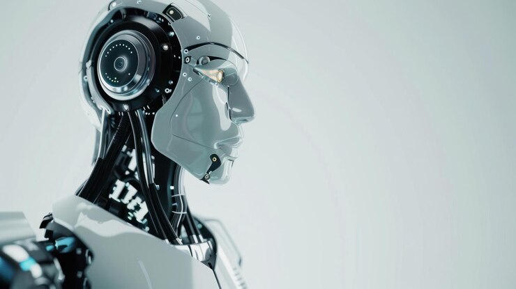 PSD closeup profile view of a humanoid robots head and shoulders showcasing intricate mechanical details against a clean white background