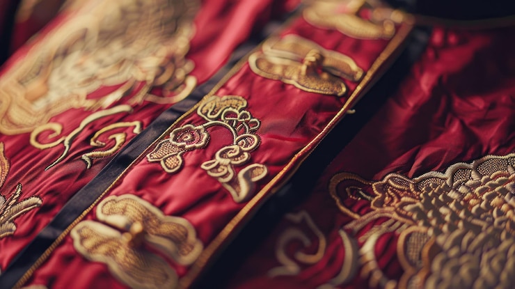 PSD closeup of red silk fabric with gold embroidery and black ribbon detail