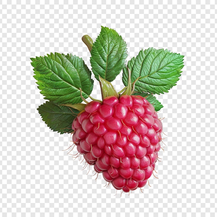 PSD closeup of a ripe raspberry with green leaves