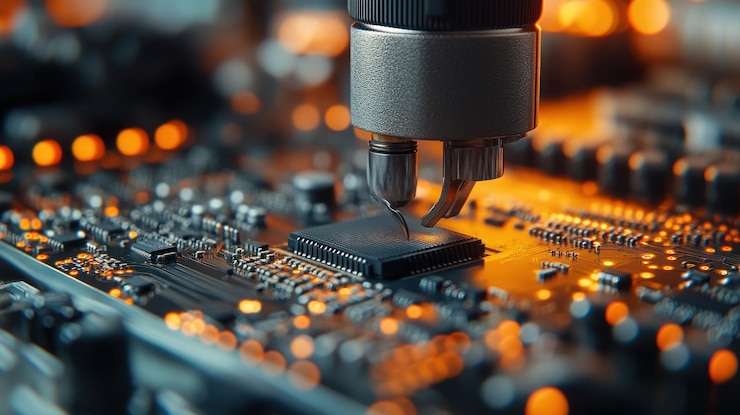 PSD closeup of a robotic arm placing a microchip on a circuit board
