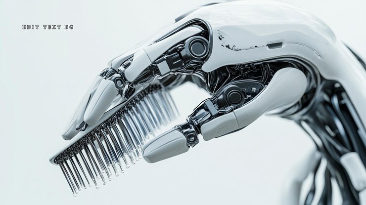 PSD closeup of a robotic arm with a multitude of small thin metallic components grasped in its hand against a light background