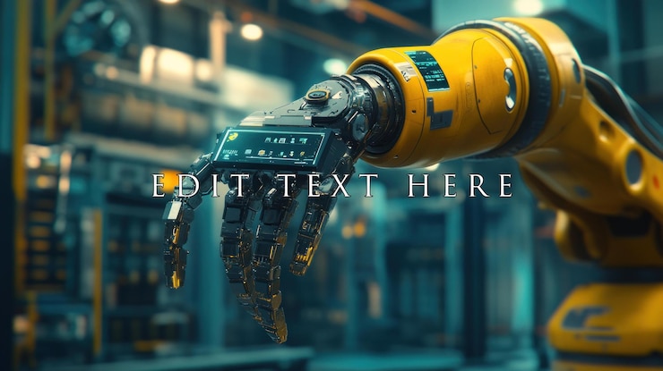 PSD closeup of a robotic arms hand with a digital display inside a futuristic factory