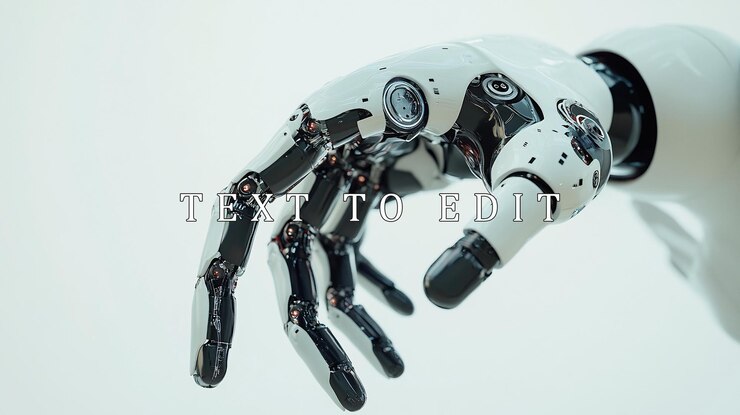 PSD closeup of a robotic hand showcasing intricate mechanical details and a futuristic design against a bright background