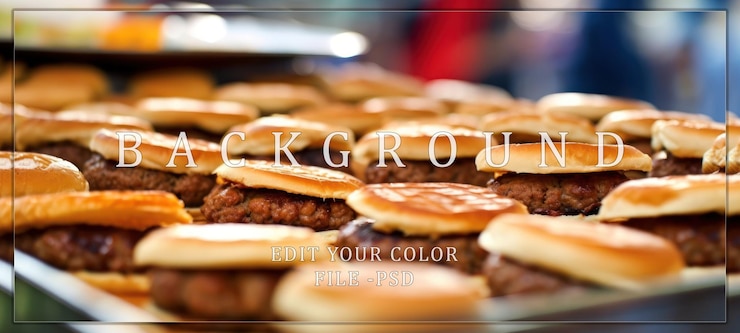 PSD closeup of a row of mini burgers on a tray