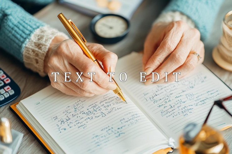 PSD closeup of senior womans hands writing in a notebook with a gold pen