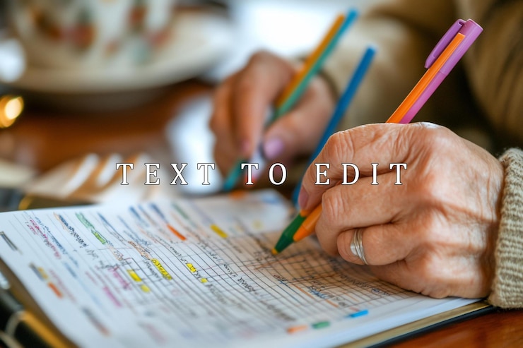 PSD closeup of senior womans hands writing on a notepad with colorful pens